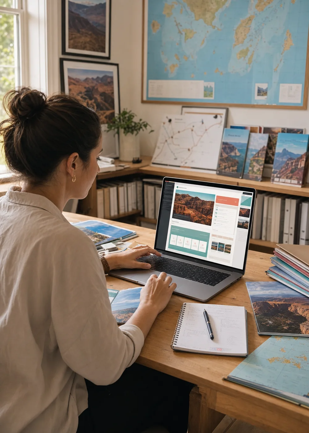 A tour operator writing travel emails and social posts on her laptop
