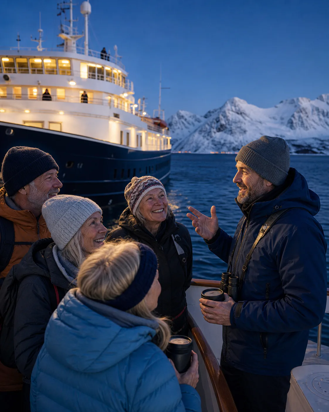 Expedition leader and guests sharing a blue-hour deck moment