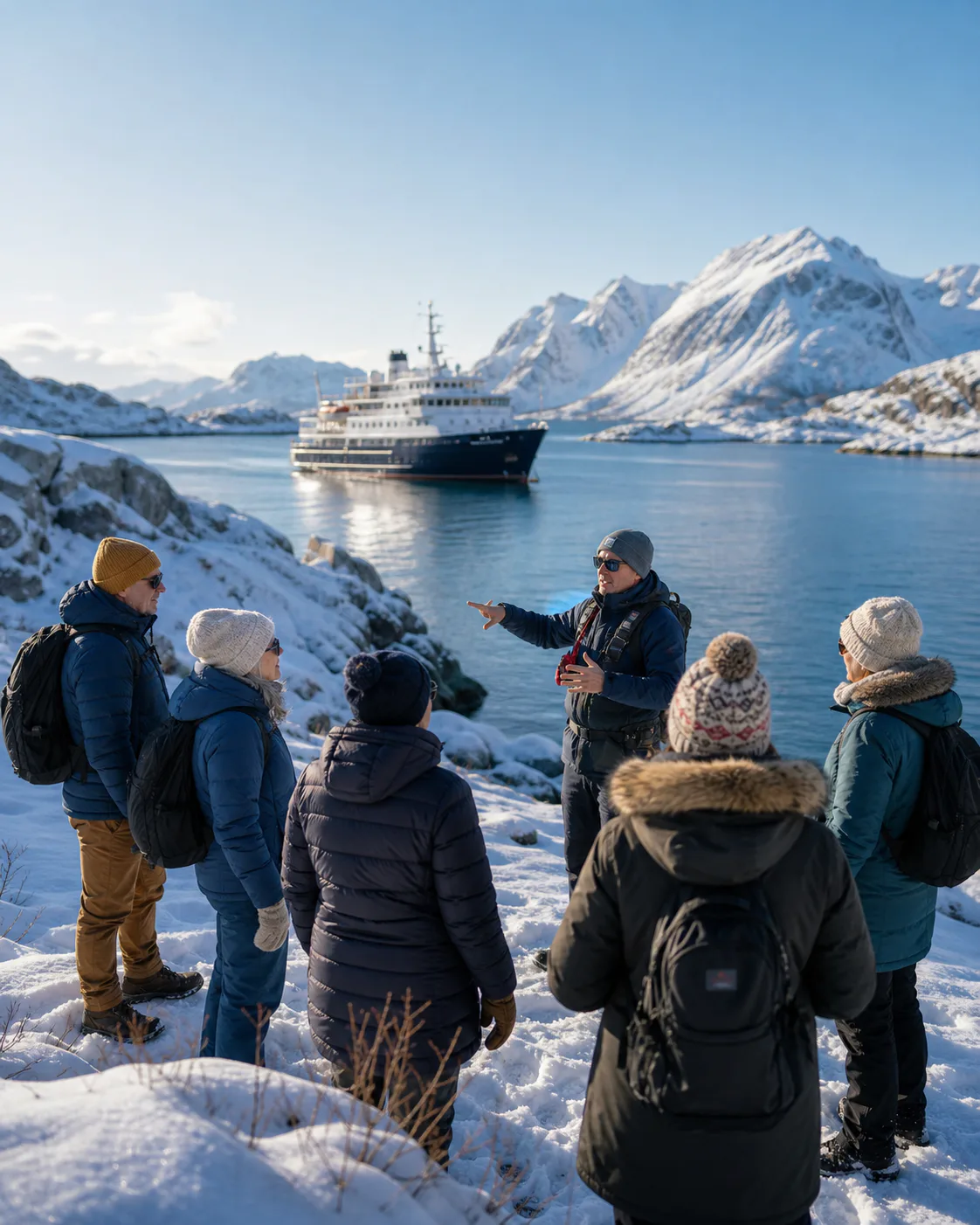 Travellers on a snowy shore with their expedition ship nearby
