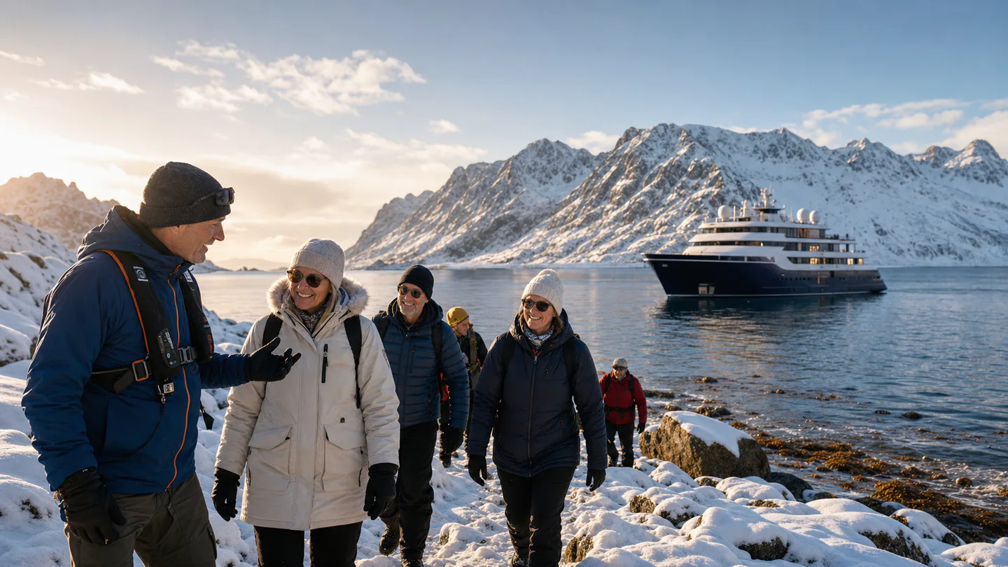 Travellers returning from a snowy North Norway shore landing