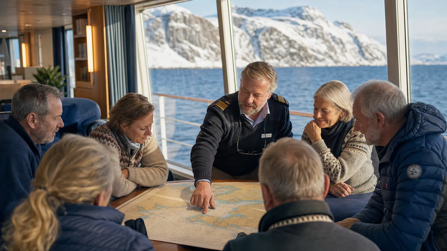 Expedition leader warmly briefing travellers beside a coastal chart