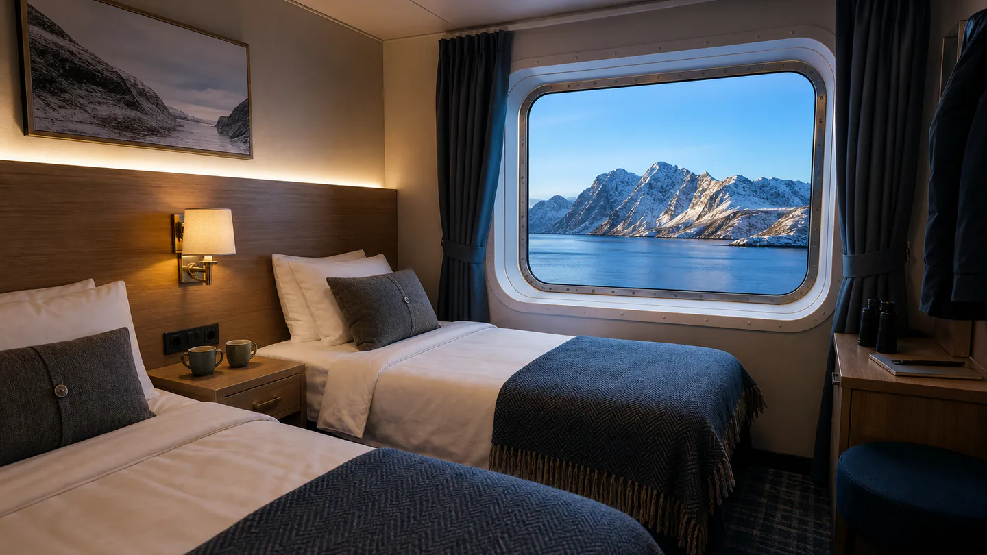 Warm ocean-view expedition cabin overlooking North Norway