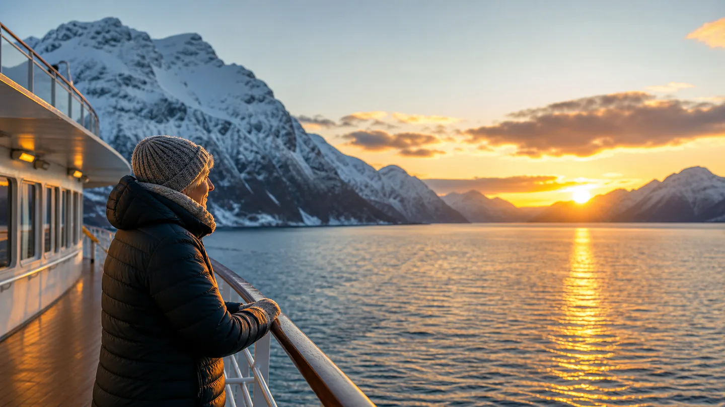 Traveller watching golden winter light from an expedition ship deck