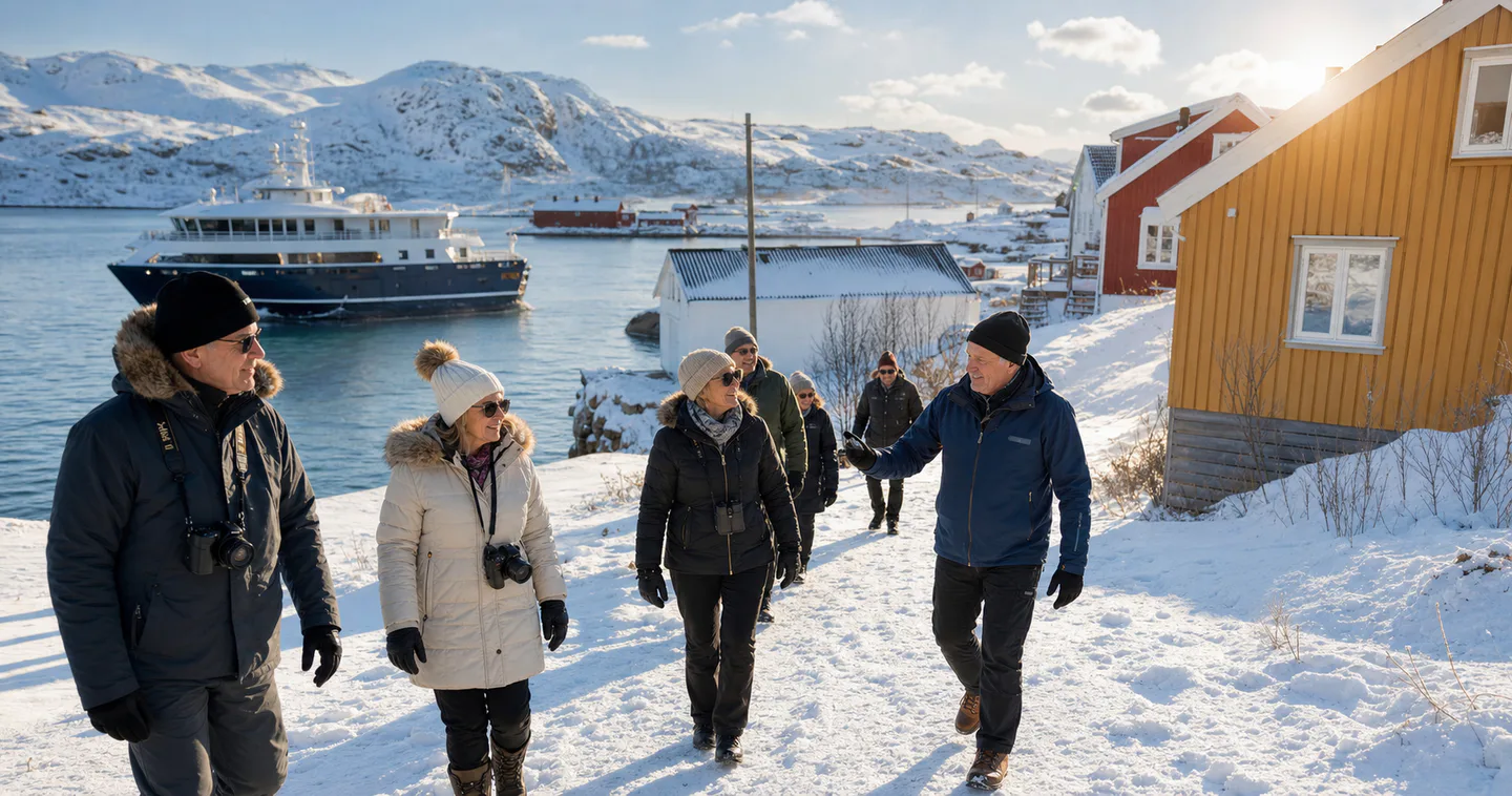 Mature travellers exploring a snowy fishing village with a guide