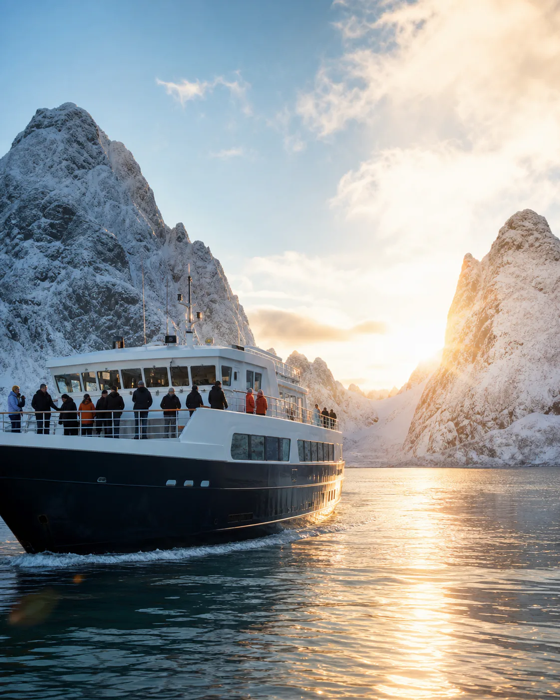 Small expedition ship entering a sunlit snowy North Norway fjord