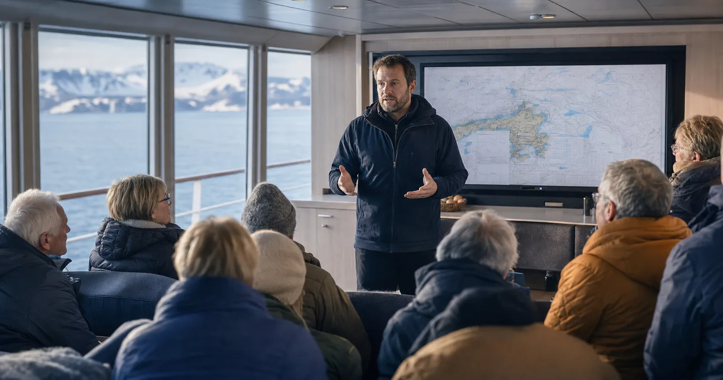 Expedition leader in an engaged onboard briefing with guests