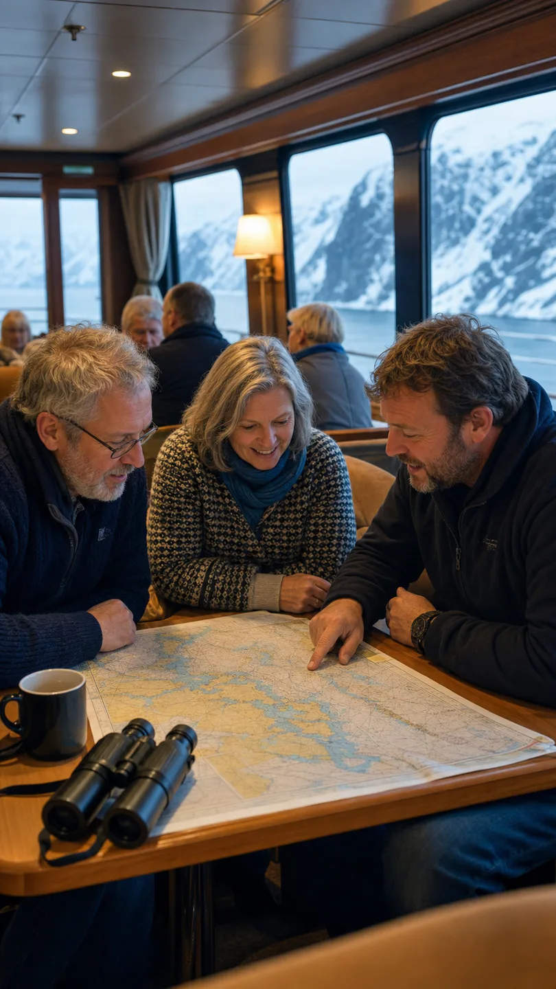 Expedition guide and travellers studying a coastal chart onboard