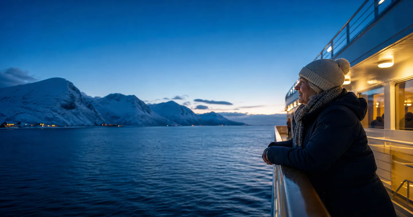 Traveller on an expedition ship deck at blue hour