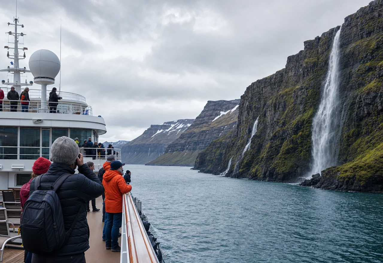 Travellers viewing a northern fjord from an expedition cruise ship
