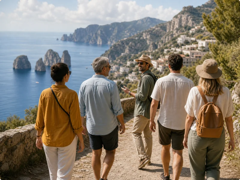 A travel guide leading a small group on a coastal walking tour