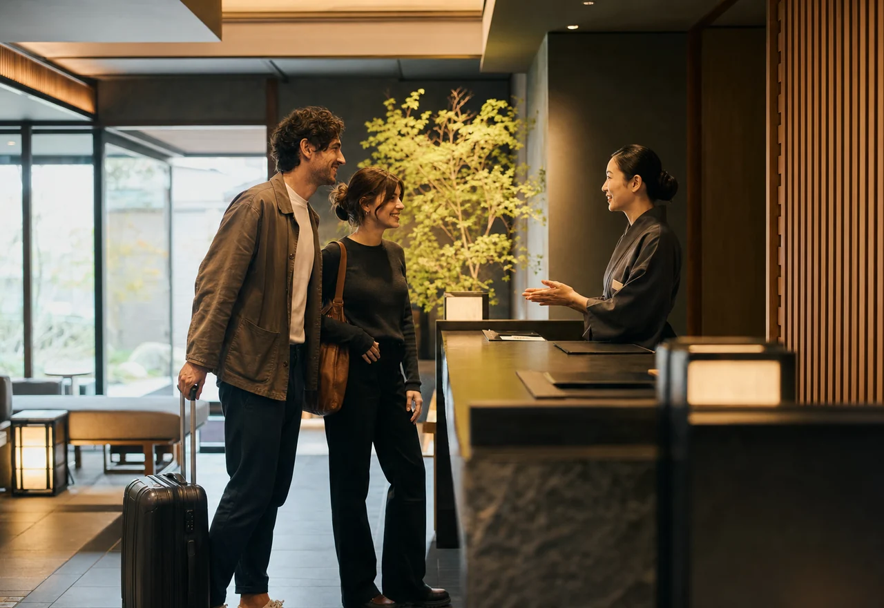 Travellers being welcomed at a contemporary boutique hotel in Tokyo