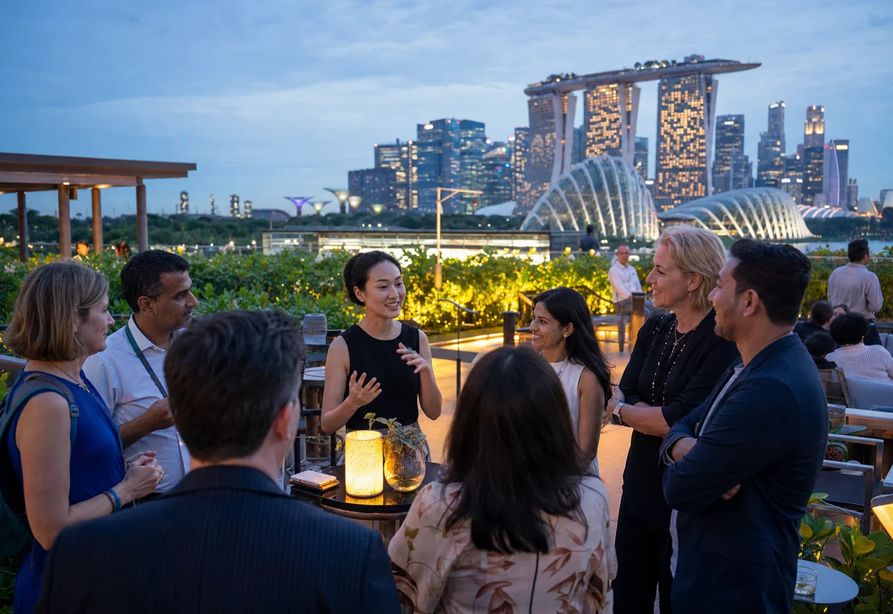 An international incentive group at a hosted rooftop event in Singapore
