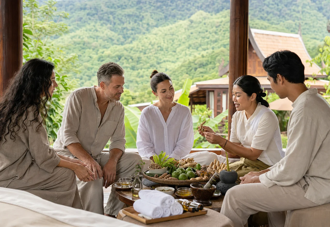 Guests taking part in a herbal wellness experience in northern Thailand